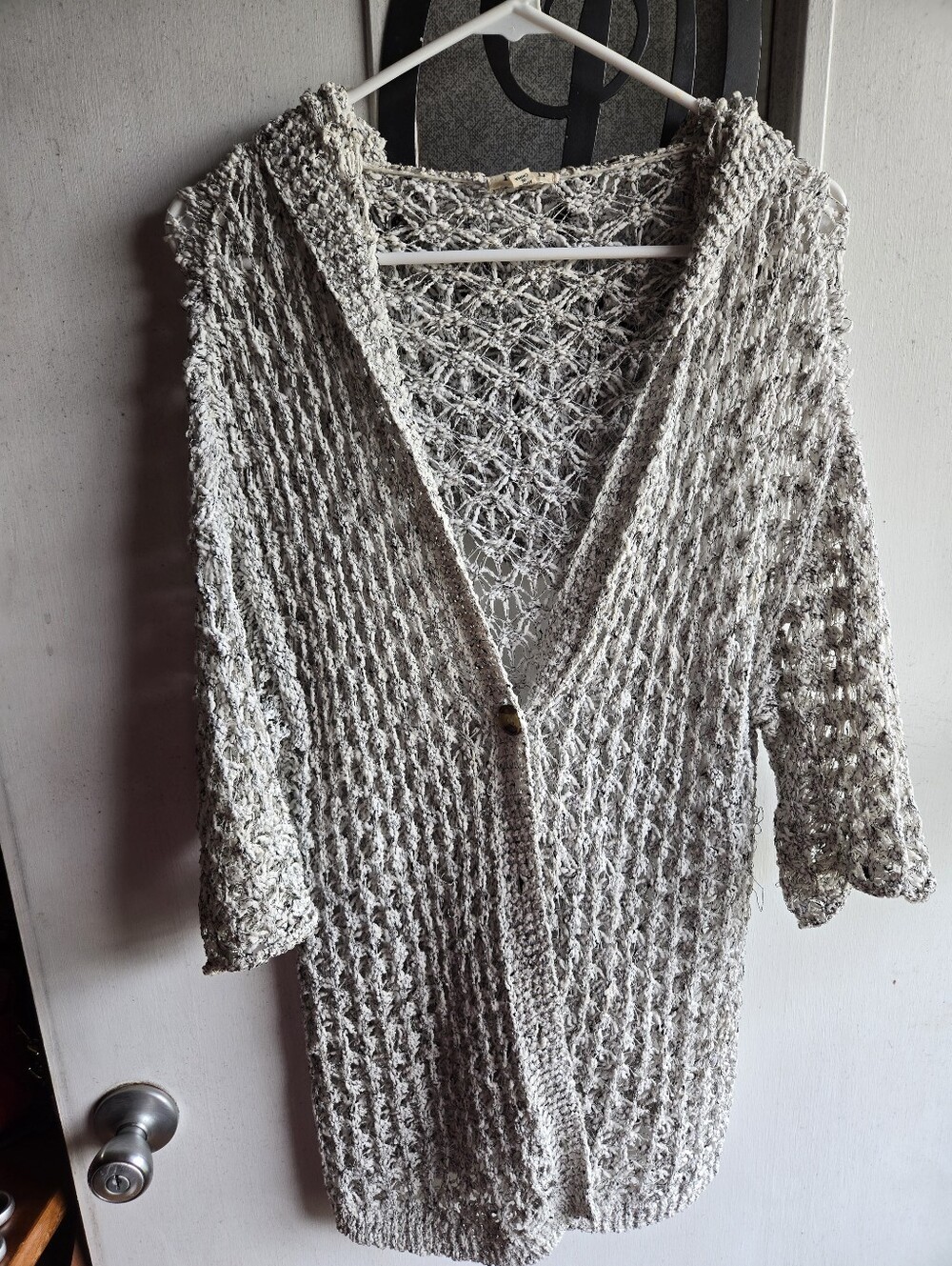 POL Light Gray & Black Marled Open Knit Hooded Women's Sweater Cardigan EUC